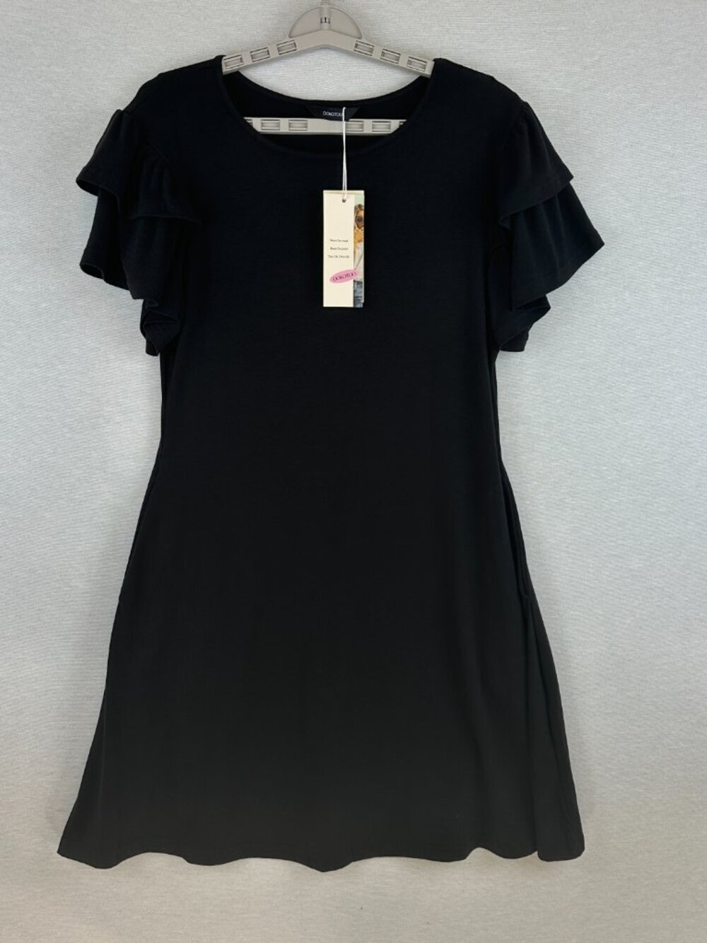 DOKOTOO WOMEN'S BLACK SHORT RUFFLE SLEEVE WOMEN'S A-LINE SWING DRESS SIZE L